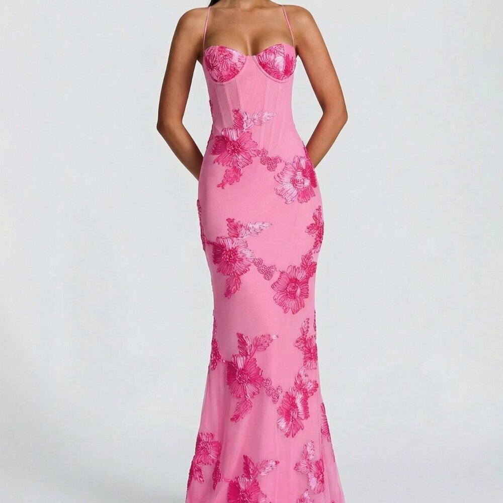 Pink Sexy Women's Party Shiny Floral Embroidered Backless Dress